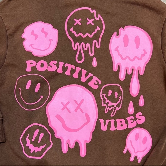 Faded Rose Essentials Positive Vibes Smiley Face Brown Pink Sweatshirt Hoodie S - Picture 9 of 13